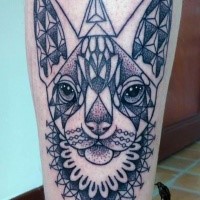 Dot style colored leg tattoo of Egypt cat stylized with ornaments