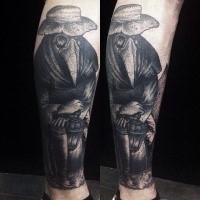 Dot style interesting looking leg tattoo of creepy plagued doctor with lamp