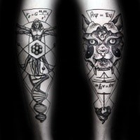 Dot style large black ink legs tattoo of Vitruvian man with mask and lettering