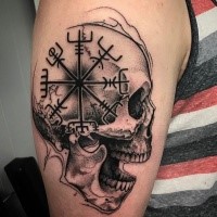 Dot style large upper arm tattoo of human skull with mystical ornaments