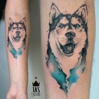 Tatuaggio con avambraccio creativo dall'aspetto stile simpatico del cane Husky con gli occhi blu