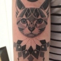 Dot style nice painted arm tattoo of cat with nice ornaments and moon symbol