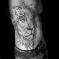 Dot style side tattoo of lion head with moon