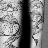 Dot estilo simples pintado Da Vincies Vitruvian homem tatuagem no antebraço