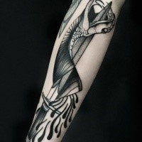 Dotwork style black ink forearm tattoo of dagger with bloody snake by Michele Zingales