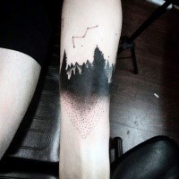 Dotwork style black ink forearm tattoo of forest
