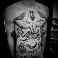 Dotwork style chest and belly tattoo of old looking pictures