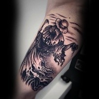 Dotwork style detailed biceps tattoo of Plague doctor