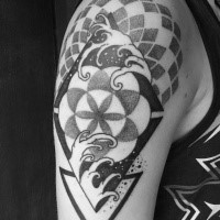 Dotwork style large upper arm tattoo of waves with geometrical ornaments
