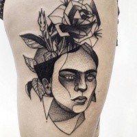 Dotwork style nice painted by Michele Zingales thigh tattoo of woman head with rose