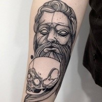 Dotwork style old looking painted by Michele Zingales of statue with skull