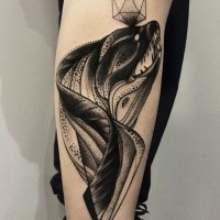 Dotwork estilo doído por Michele Zingales tatuagem de perna de peixe assustador com figura geométrica