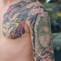 Dragon and buddha tattoo on arm by graynd