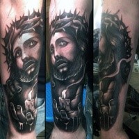Dramatic black and gray style forearm tattoo of Jesus and burning candle