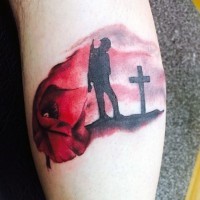 Dramatic designed colored soldier on grave with flowers arm tattoo