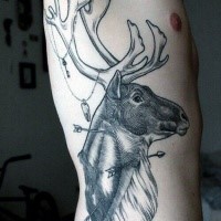 Dramatic engraving style side tattoo of big deer with arrows