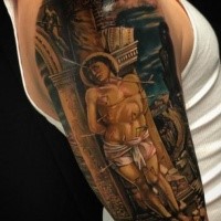 Dramatic illustrative style shoulder tattoo of wounded saint human