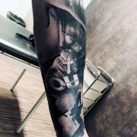 Dramatic like black and white soldiers and priest tattoo on arm