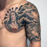 Dramatic looking black and white religious style shoulder and chest tattoo