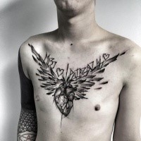 Dramatic looking black ink chest tattoo of human heart with wings and lettering