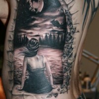 Dramatic realistic portrait woman on lake shore with forest and moon tattoo on back