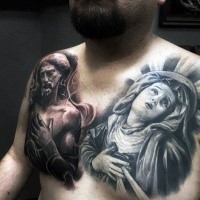 Dramatic religious style colored various saint people portraits tattoo on chest