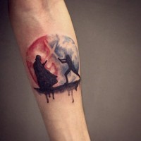 Dramatic Star Wars themed forearm tattoo with fighting Darth Vader and Jedi