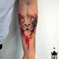 drammatico stile colorato grande faccia di leone tatuaggio su braccio