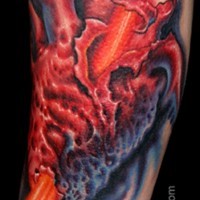 Dramatic style colored bullet flying through human heart tattoo on sleeve
