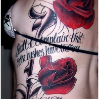 Dramatic style memorial big rose with lettering tattoo on back