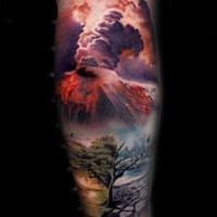 Dramatic style natural looking lonely under the flaming volcano tattoo on arm