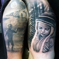Dramatic themed very detailed black ink little kids tattoo on shoulder and thigh