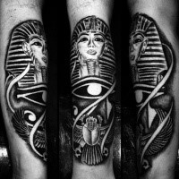 Egypt style detailed arm tattoo of Egypt symbols and statue