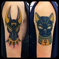 Egypt style multicolored Gods statues tattoo on shoulder