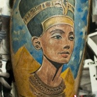 Egyptian pyramids and Nefertiti princess naturally colored realistic tattoo on calf