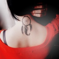 Elegant dream catcher with feather tattoo on neck and upper back