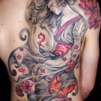 Elegant gray red geisha tattoo on back