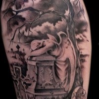 Elegant painted black and white old angel shaped tomb stone tattoo on shoulder