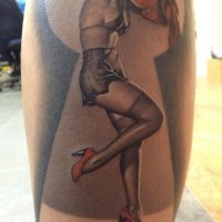 Elegant pinup girl in red shoes tattoo by Meehow Kotarski