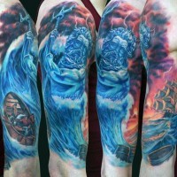 Elegant style painted and colored Poseidon God with ship tattoo on sleeve