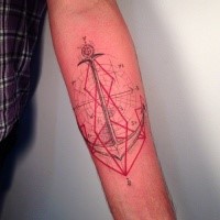 Engineering style colored forearm tattoo of big anchor with lettering