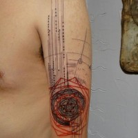 Engineering style colored mystical device tattoo on arm zone