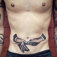 Engraving style black and white belly tattoo of hands with knife