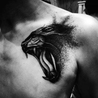Engraving style black and white chest tattoo of tiger head