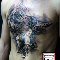 Engraving style black and white chest tattoo of flying owl