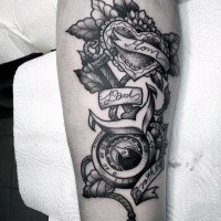 Engraving style black and white forearm tattoo of heart with anchor and compass