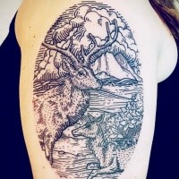 Engraving style black and white shoulder tattoo of deer in wild life