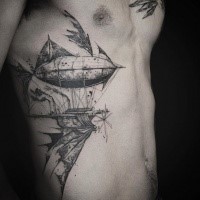 Engraving style black and white side tattoo of fantasy airship