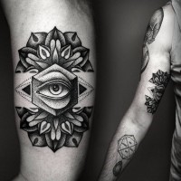 Engraving style black ink arm tattoo of mystical eye with flower
