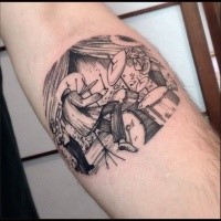 Engraving style black ink arm tattoo of drum player